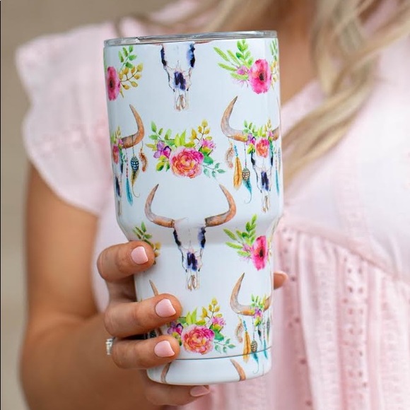 L&B Other - •L&B Texas Tumbler - White Floral Bull Design•